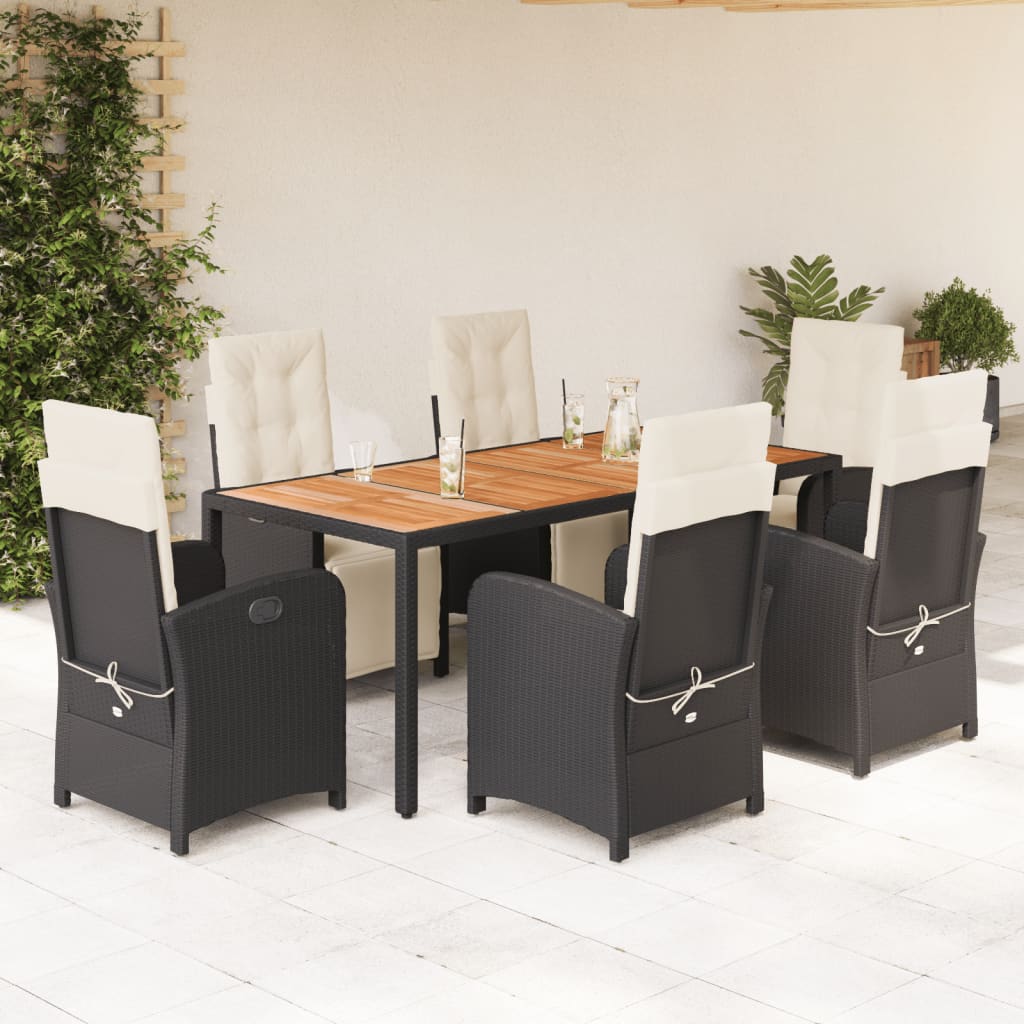 7-tlg. Garten-Essgruppe mit Kissen Schwarz Poly Rattan